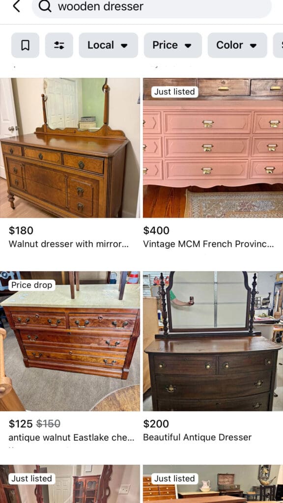 Facebook Marketplace search results for wooden dresser listings.